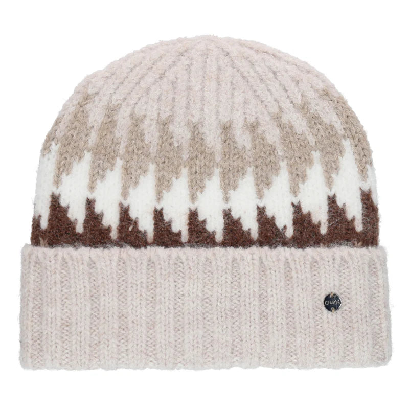 White beanie with tan and brown accents against a white background. 