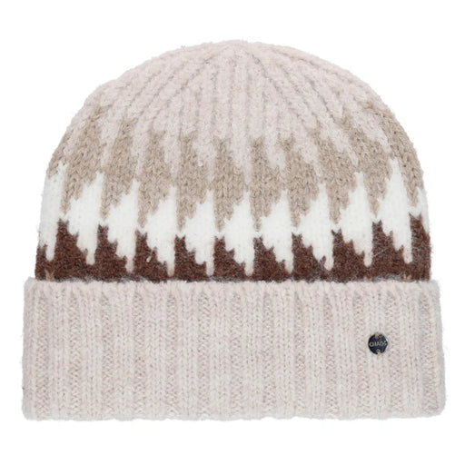 White beanie with tan and brown accents against a white background. 