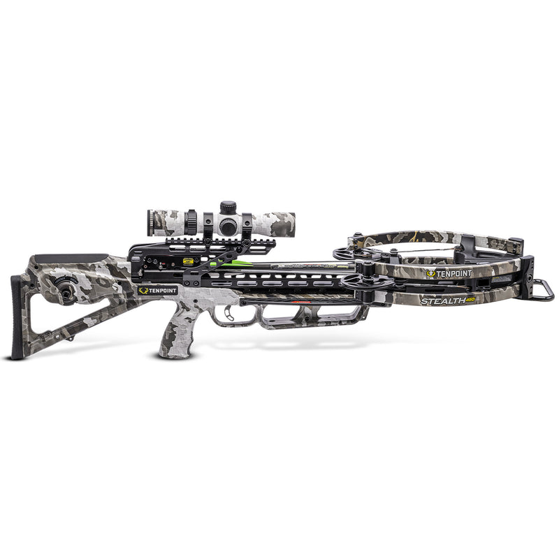 A crossbow with a gray and black digital camouflage pattern, featuring a mounted scope and a black release mechanism, shown against a plain white background.