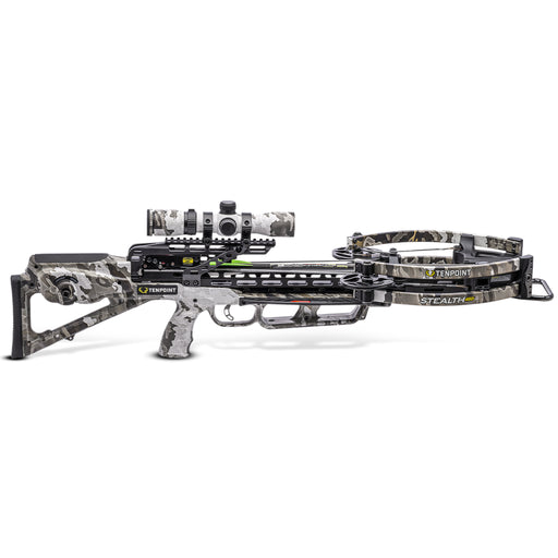 A crossbow with a gray and black digital camouflage pattern, featuring a mounted scope and a black release mechanism, shown against a plain white background.