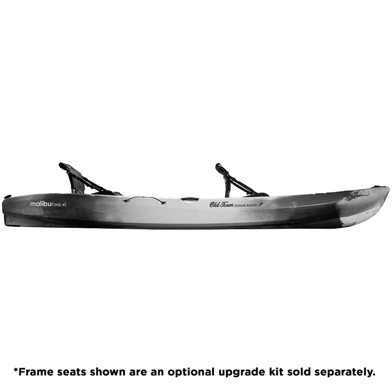 A gray and black kayak from the side on a white background