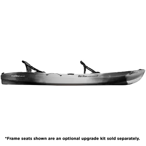 A gray and black kayak from the side on a white background