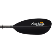 Close up of a black paddle with an Aqua Bound logo on a white background.