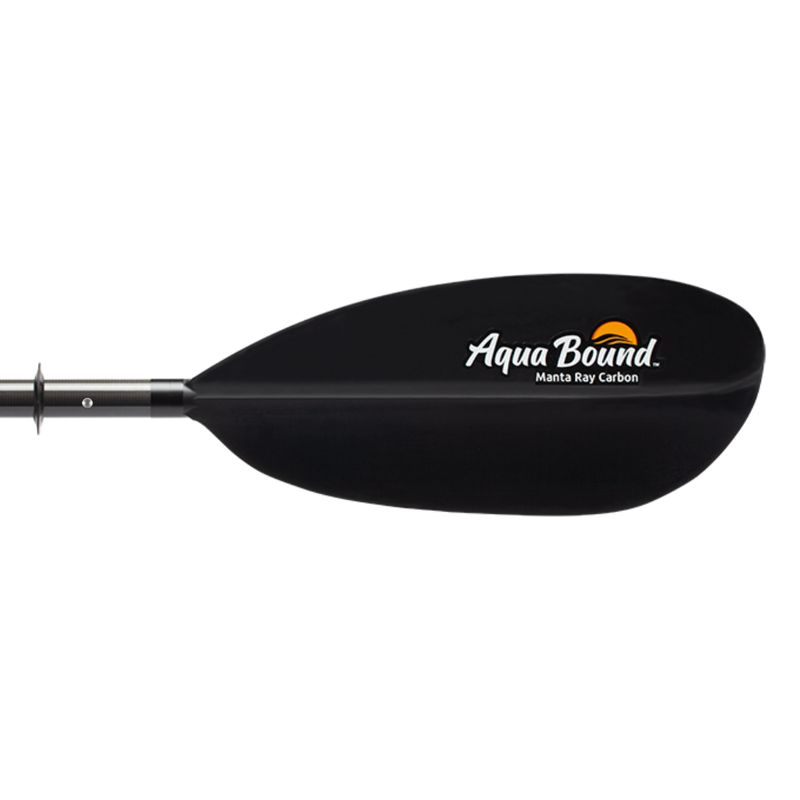 Close up of a black paddle with an Aqua Bound logo on a white background.