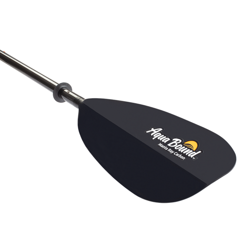 Close up of a black paddle with an Aqua Bound logo on a white background.