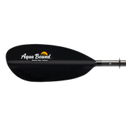 Close up of a black paddle with an Aqua Bound logo on a white background.