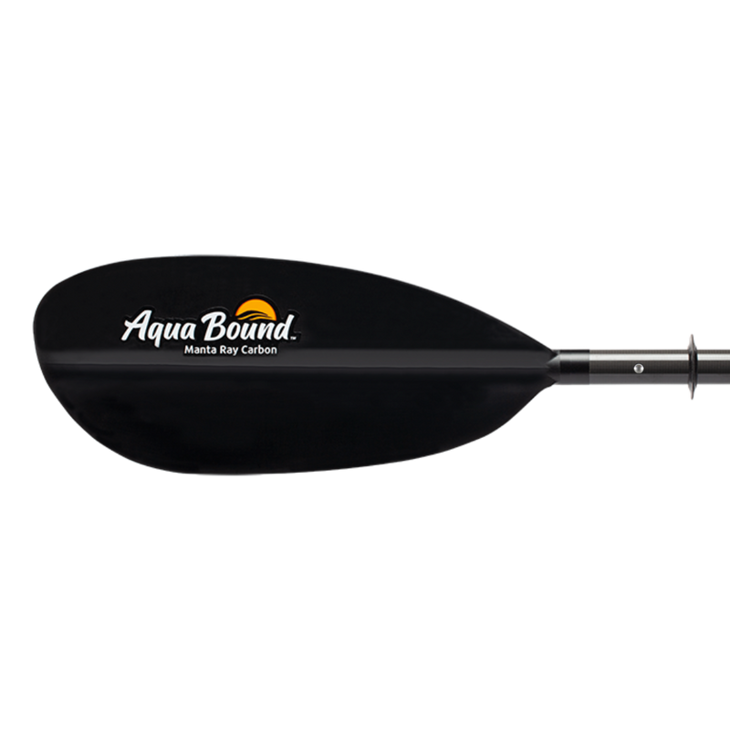 Close up of a black paddle with an Aqua Bound logo on a white background.