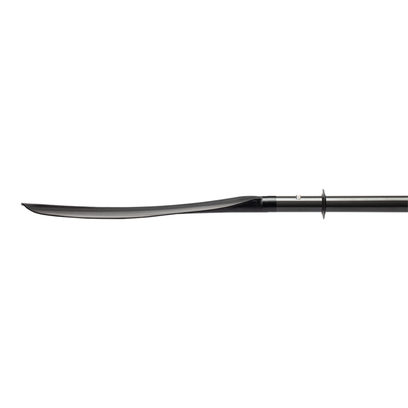 Side view of a black paddle on a white background.