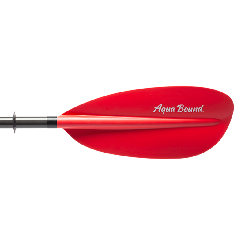 Red kayak paddle with an Aqua Bound logo on a white background.