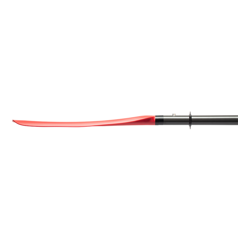 Side view of a red kayak paddle on a white background.