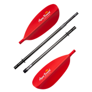 Disconnected red kayak paddle with an Aqua Bound logo on a white background.