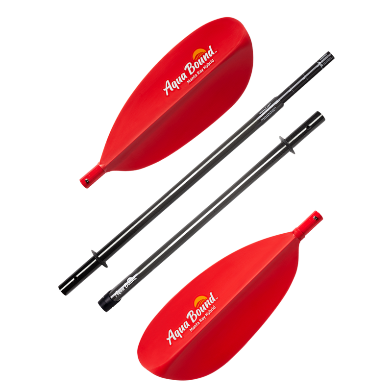 Disconnected red kayak paddle with an Aqua Bound logo on a white background.