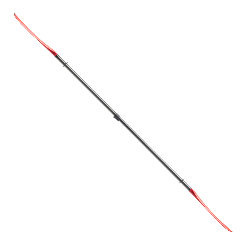 Side view of a red kayak paddle on a white background.