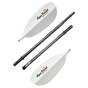 Disconnected white kayak paddles with an Aqua Bound logo on a white background.
