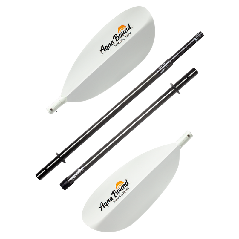 Disconnected white kayak paddles with an Aqua Bound logo on a white background.