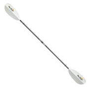 White kayak paddle with a black shaft on a white background.