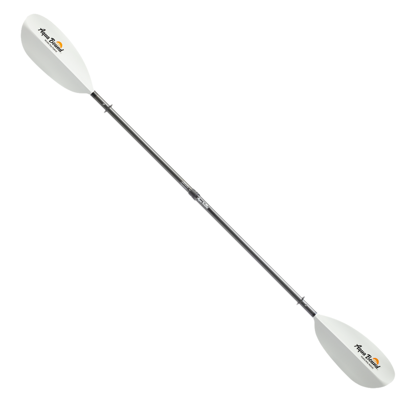 White kayak paddle with a black shaft on a white background.