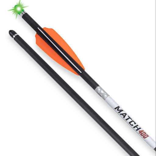 Two arrows with orange fletchings and a green nock on a white background.