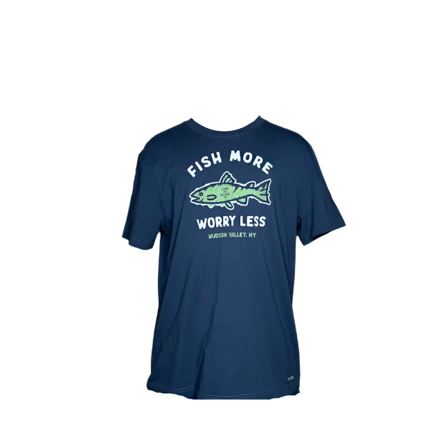 Men's Fish More Worry Less Hudson Valley Short Sleeve Crusher Tee in Darkest Blue. A green fish graphic is screenprinted with the words Fish More Worry Less and Hudson Valley NY.
