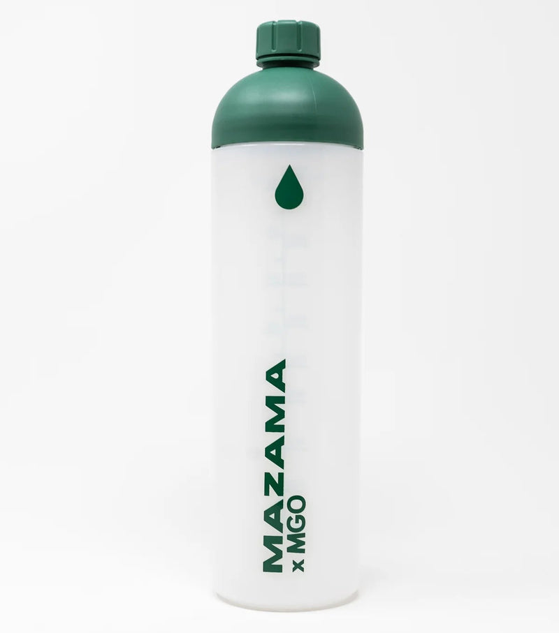 Mazama M!GO bottle with green cap and logo on a white background