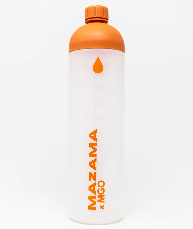 White bottle with orange cap and 'Mazama' branding on a white background