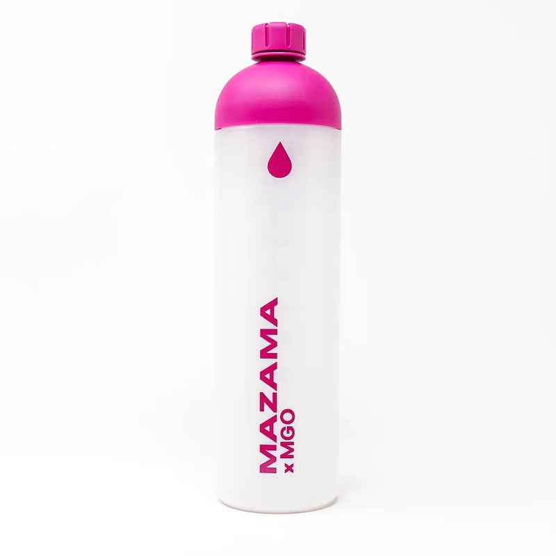 White water bottle with pink cap and 'Mazama x Migo' branding on a white background