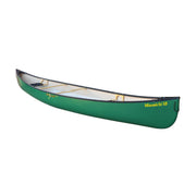 Side view of a green canoe with seats and hardware installed on a white background.