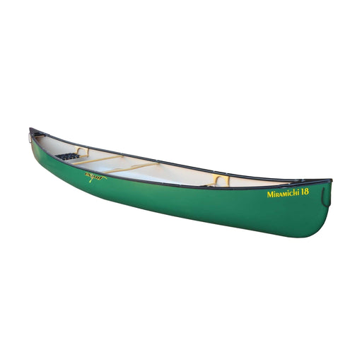 Side view of a green canoe with seats and hardware installed on a white background.