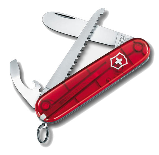Red multitool featuring butter knife, a mini saw, and can opener attachments against a white background. 