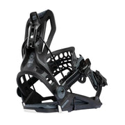 Black snowboard bindings tilted to the left against a white background. 