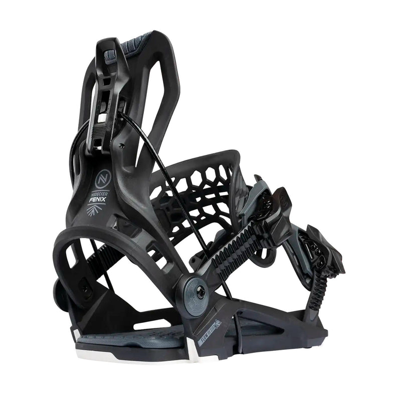Black snowboard bindings tilted to the left against a white background. 