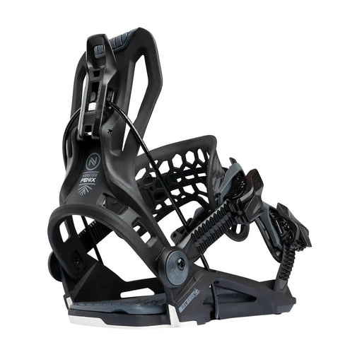 Black snowboard bindings tilted to the left against a white background. 
