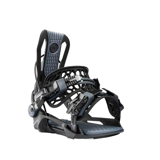 Black and grey snowboard bindings tilted to the right against a white background.
