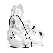 Back view of white snowboard bindings against a white background. 