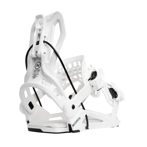 Back view of white snowboard bindings against a white background. 