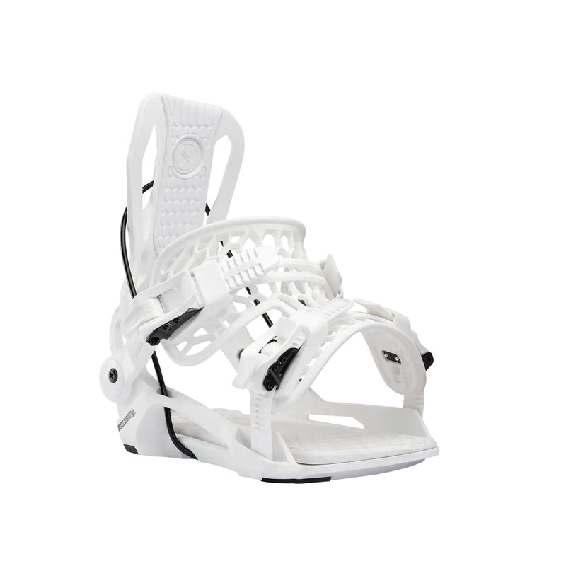 White snowboard bindings tilted to the right against a white background. 