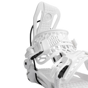 Close up of white snowboard bindings tilted to the right against a white background.
