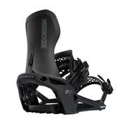 Back view of a black snowboard binding against a white background.