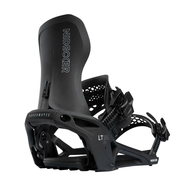 Back view of a black snowboard binding against a white background.
