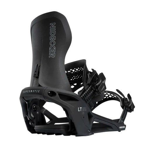 Back view of a black snowboard binding against a white background.