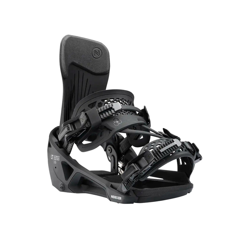 Front view of a black snowboard binding against a white background. 