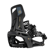 back view of a black snowboard binding with blue accents and a Nidecker logo against a white background. 