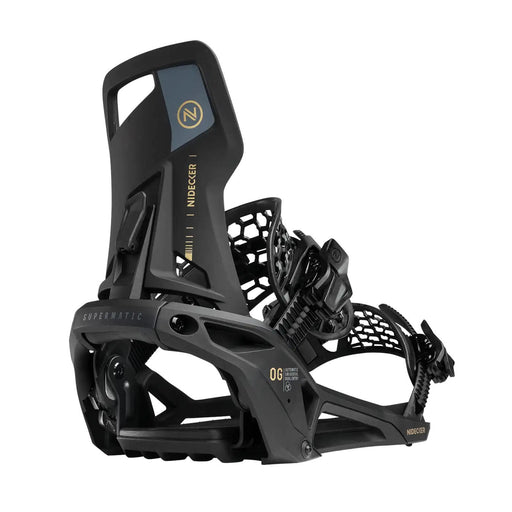 back view of a black snowboard binding with blue accents and a Nidecker logo against a white background. 