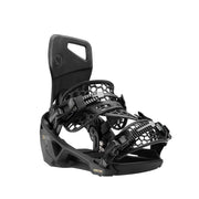 Black snowboard binding against a white background. 