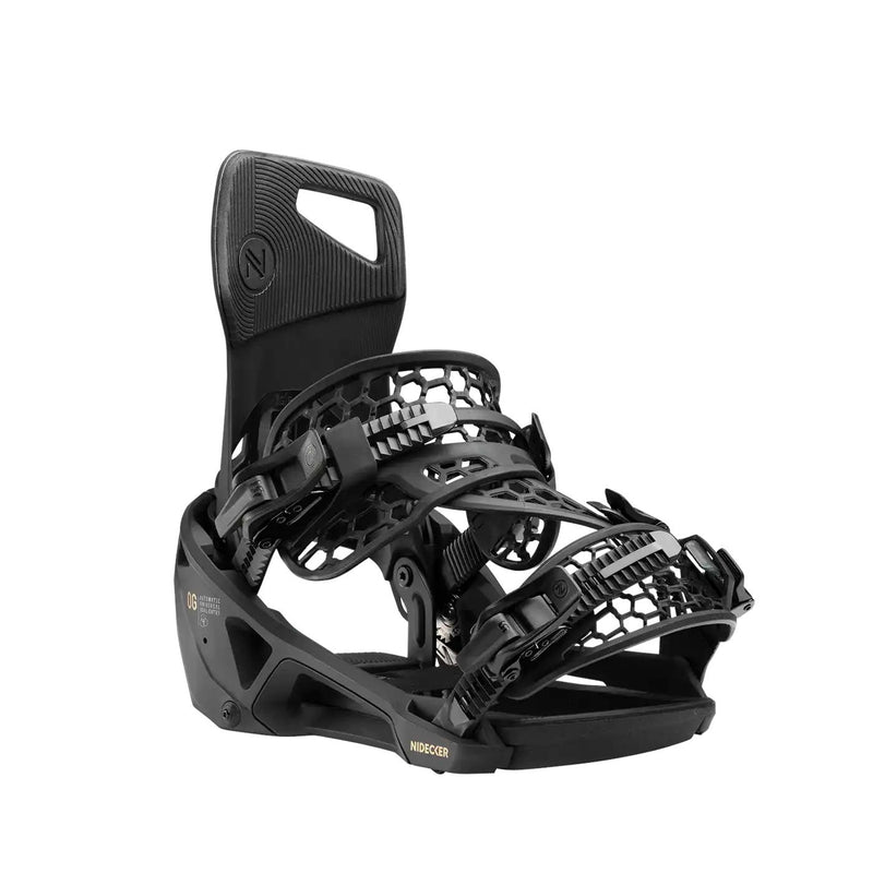Black snowboard binding against a white background. 