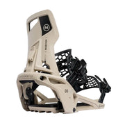Back view of a white snowboard binding with black straps and accents with a Nidecker logo against a white background. 