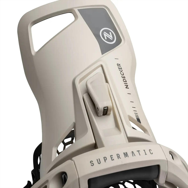 Close up back view of a white snowboard binding with black accents and a Nidecker logo against a white background. 