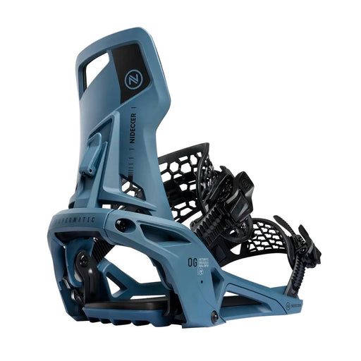 Back view of a blue snowboard binding with black straps against a white background. 