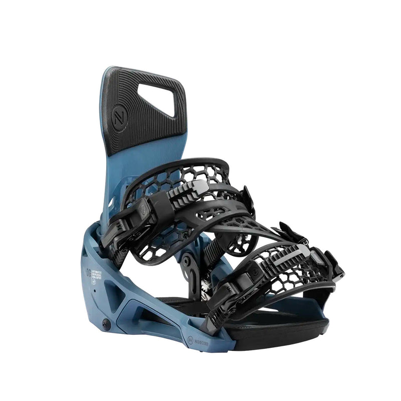 Blue snowboard binding with black straps and accents against a white background. 