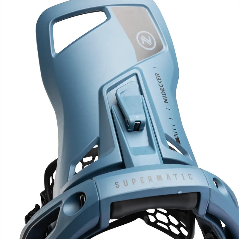 Close up back view of a blue snowboard binding with black straps and accents against a white background. 